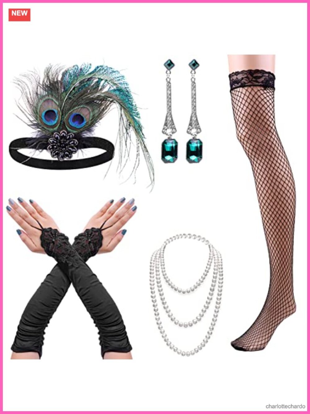 1920s Flapper Accessory Set Feather Headpiece Satin Gloves Pearl Necklace